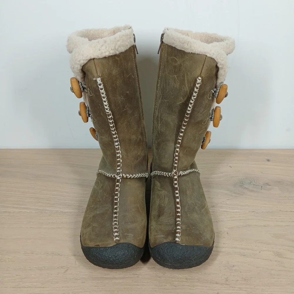 Keen Winter Boots Women 6 Olive Brown Leather Faux Fur Shearling Toggle Zip Tall